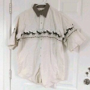 Vtg Express Rider Western Shirt Mens XL Beige & White Wild Horses Pearl Snap